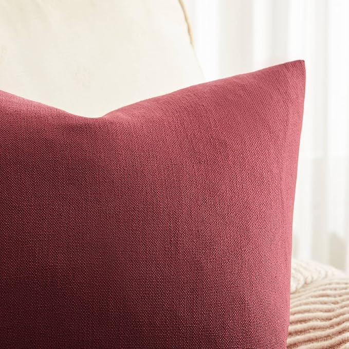 ZeeMart Rustic Cotton Linen Throw Pillow Covers Set of 2, 22x22 Inch Burgundy, Farmhouse Style Decorative Couch Pillow Cases Cushion Covers for Sofa Bed Living Room Home Decor