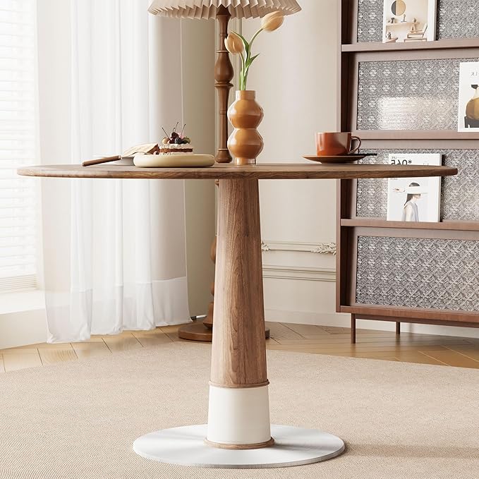 Modern Round Dining Table for 4-6 People, 47.2" Small Circle Pedestal Kitchen Table with Metal Base for Dining Room, Kitchen or Living Room, Walnut