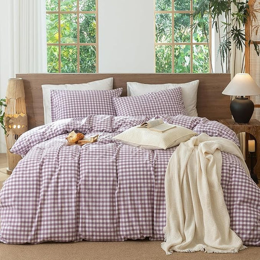 MooMee Gingham Duvet Cover Set 100% Washed Cotton Linen Like Textured Breathable Durable Soft Comfy Modern Checkered Design (Classic Gingham Light Purple, Oversized Full 82"x86")