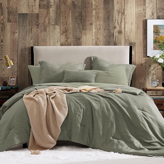 Geniospin Full Comforter Set - 7 Pieces Comforter Full Size, Solid Bedding Sets for All Season, Textured Bed in a Bag with Sheets, Pillowcases and Shams (Sage Green, 80''x90'')