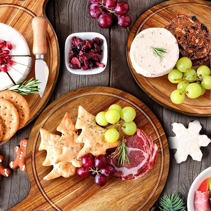 Nuenen 20 Pcs Round Wood Cutting Board with Handle Acacia Bamboo Wooden Serving Kitchen Chopping Boards for Pizza, Bread, Cheese, Charcuterie, Fruit, Vegetables(Acacia)