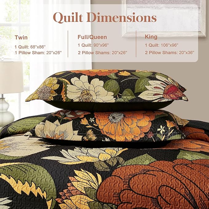 2 Piece Black Boho Floral Twin Size Quilt Sets Farmhouse Botanical Reversible Lightweight Bedspread Coverlet with 1 Sham Mid Century Microfiber Bedding Quilts Set for All Season, 68''x86''
