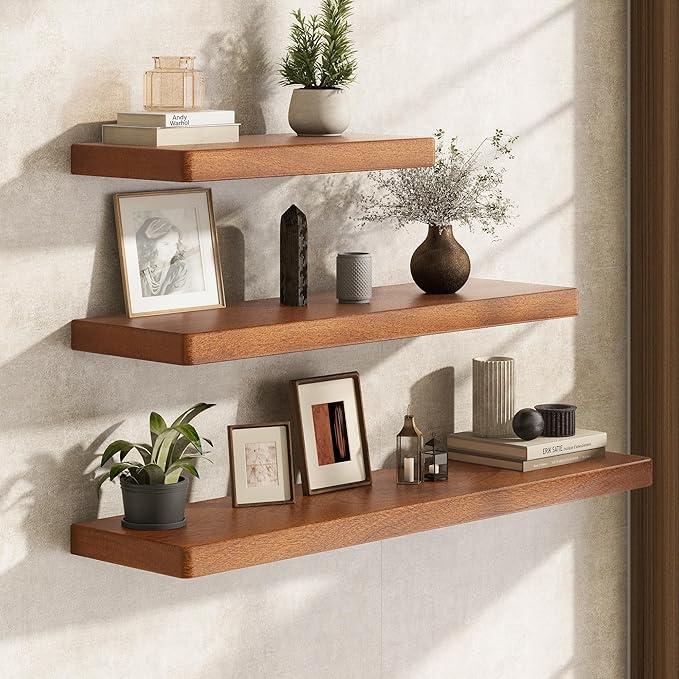 Fun Memories 24 Inch Floating Shelves, Rustic Solid Wood Wall Shelves Set of 2, 8 Inch Deep Floating Shelf for Bathroom, Bedroom, Heavy-Duty Wooden Shelf Wall-Mounted for Home Decor & Storage