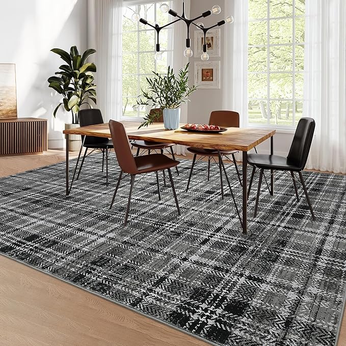 Washable Rugs 8x10 Rug for Living Room Soft Bedroom Rug Modern Plaid Black Large Area Rug Non Slip Throw Rugs Non Shedding Stain Resistant Carpet for Nursery Dining Room 8'x10' Black/Grey