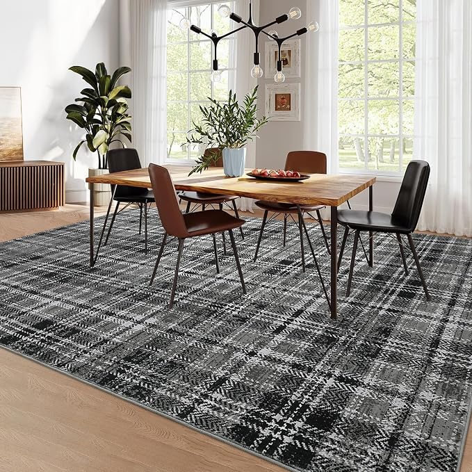 Washable Area Rug 6x9 Rugs for Living Room Soft Bedroom Rug Modern Plaid Black Rug Non Slip Throw Rugs Non Shedding Stain Resistant Carpet for Nursery Dining Room Office 6'x9' Black/Grey