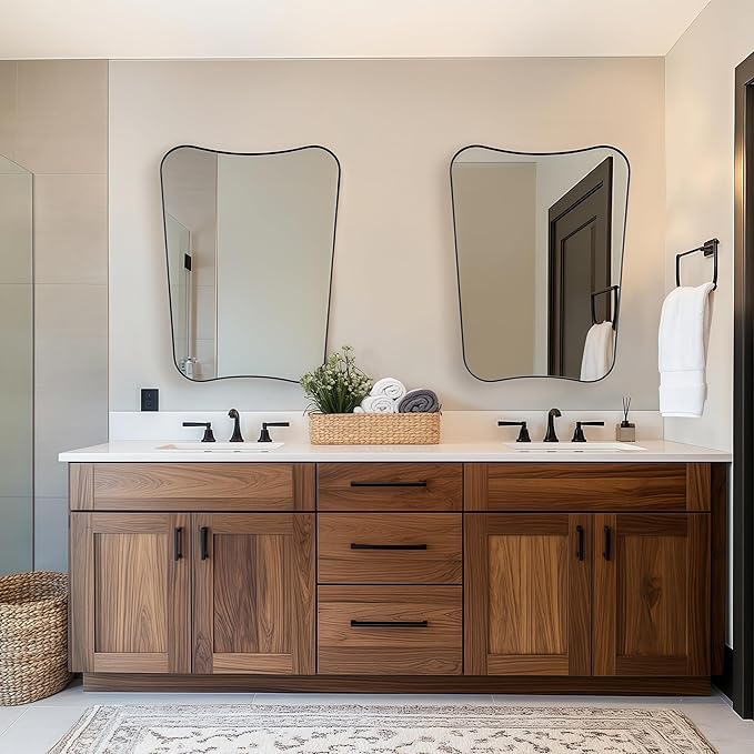 MIRRORTART Contemporary Black Bathroom Mirrors for Wall, 24x32'' Asymmetrical Scalloped Butterfly Rectangle Mirror in 1'' Stainless Steel Metal Frame for Home Decor Wall Mounted Vertical Only