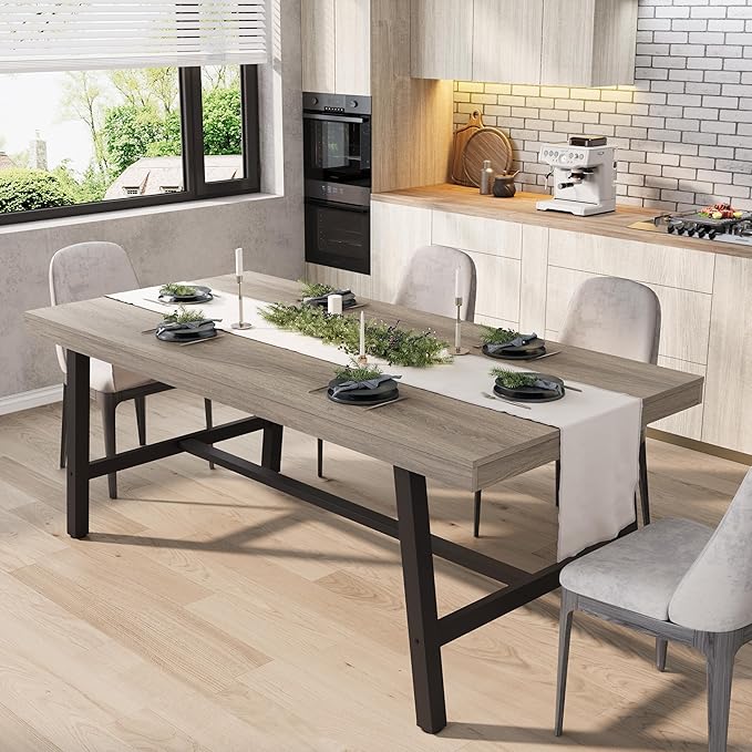 GarveeHome Industrial Dining Table for 6-8 People, 70.87" Long Wooden Kitchen Table with Sturdy Metal Frame & Walnut Finish, Seats 6 Rectangular Counter for Dinner, Kitchen, Dining Room-Grey Walnut