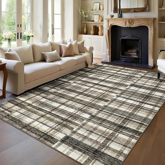 Washable Area Rug 5x7 Rug for Living Room Plaid Low Pile Bedroom Rug Modern Area Rugs Soft Non Slip Throw Rugs Stain Resistant Carpet for Classroom Dining Room Beige 5'x7'