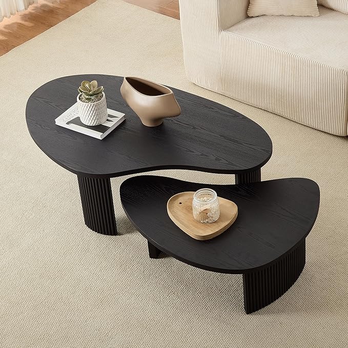 Nesting Coffee Table Set of 2, Irregular Shape Center Table 2-Piece Modern Side Table End Table for Living Room Aoartment Office, Black