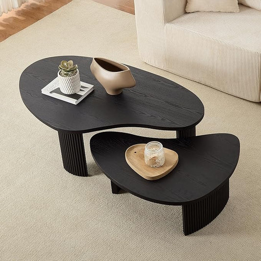 Nesting Coffee Table Set of 2, Irregular Shape Center Table 2-Piece Modern Side Table End Table for Living Room Aoartment Office, Black