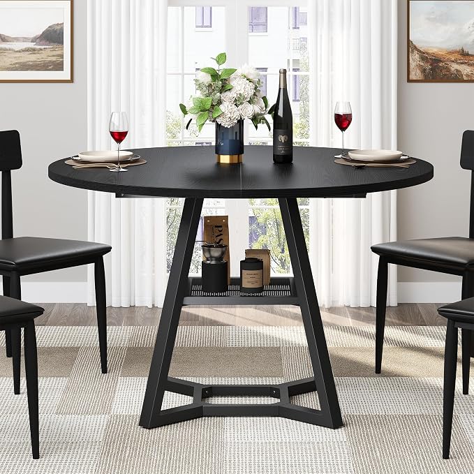 knoworld 43" Round Dining Table for 4, Kitchen Tables Dining Room Circle Dinner Table with Pedestal Metal Frame, Space Saving Wood Industrial Kitchen & Dining Room Tables, Black 43In