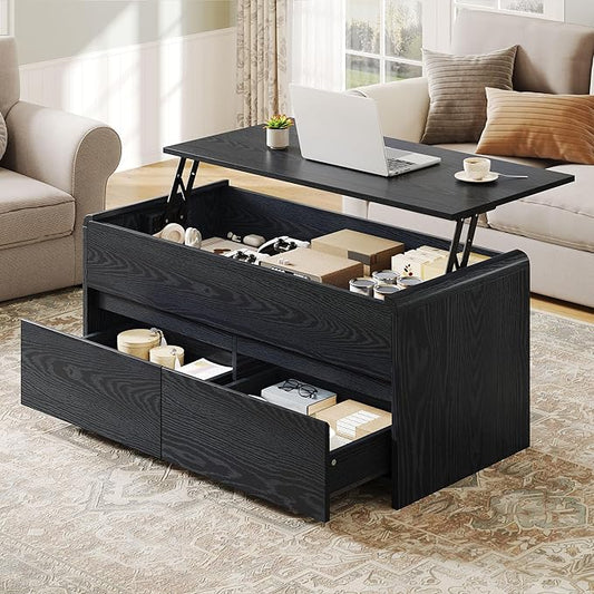 Coffee Table Lift Top, 40 Inch Multi-Function Coffee Table with 2 Drawers, Hidden Compartment, Curved Profile Design, Converts to Home Office Table, Dining Table for Living Room, Black