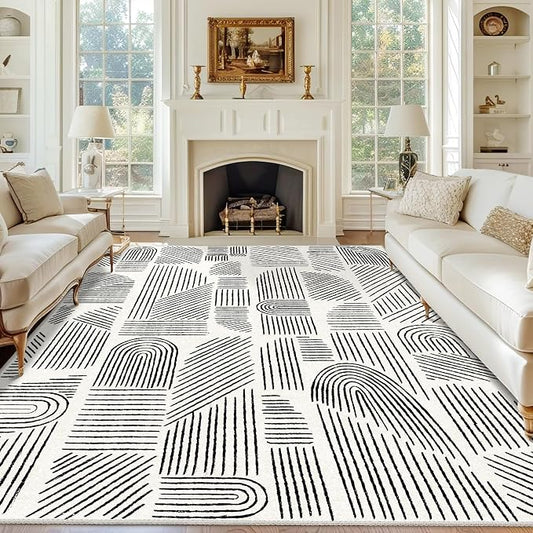 MUJOO 8x10 Washable Area Rug,Mid Century Modern Abstract Non Slip Low Pile Rug,White and Black Large Rug for Living Room Bedroom Dining Room