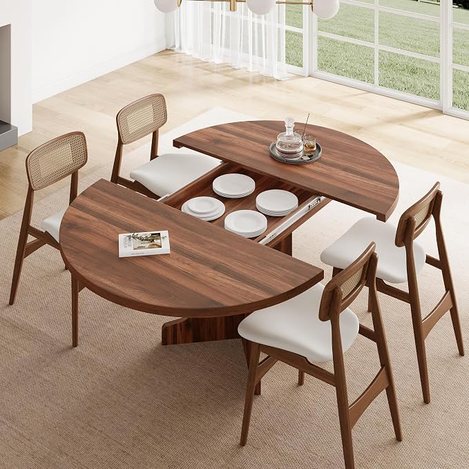 Feonase 59" Round Extendable Dining Room Table for 4-6, Modern Oval Kitchen Table with Heavy Duty Wood Base, Metal Frame Support, for Dining Kitchen Living Room, Easy Assembly, Noise-Free, Walnut