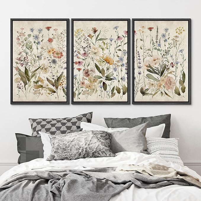 MUDECOR Framed Wall Art Print Set Blooming Wildflowers Illustrations Modern Art Decorative Colorful Chic for Living Room, Bedroom, Office - 24"x36"x3 Black