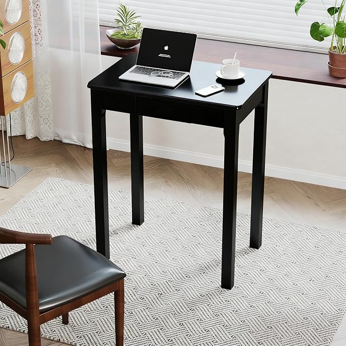 Solid Wooden Desk with Drawers - 24 x 16 Inch Narrow Desks for Small Spaces, Rubberwood Simple Study Table, Small Writing Desk for Bedroom - Modern Black Desks