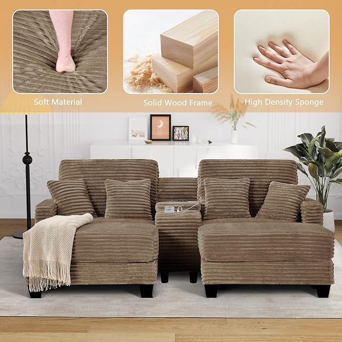 Oversized Chaise Lounge Chair Indoor with Storage & USB, Cup Holder & Ottoman, Firm Solid Wood Frame with Long Service Life Corduroy Oversized Lounge Reading Chair for Large Study Room - Camel