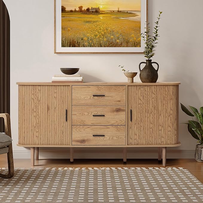 LuxenHome 59” Sideboard Buffet Cabinet with Storage, Mid Century Modern Sliding Door Sideboard Cabinet, Adjustable Shelves Wood Console Table with Storage Cabinets for Living Room, Kitchen