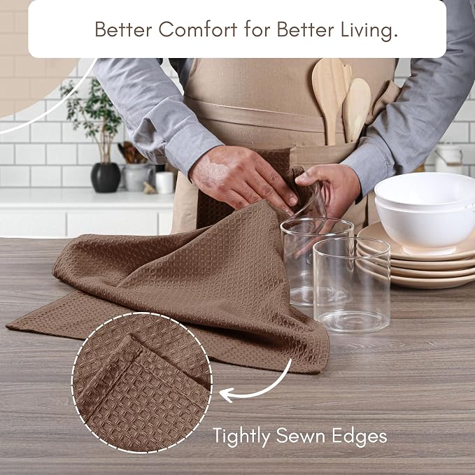 TWINY threads Kitchen Towels Set of 12, 16x26 Inches, 100% Cotton Waffle Weave Dish Towels, Soft and Super Absorbent Hand Towel with Hanging Loop for Kitchen, Daily Use, Brown