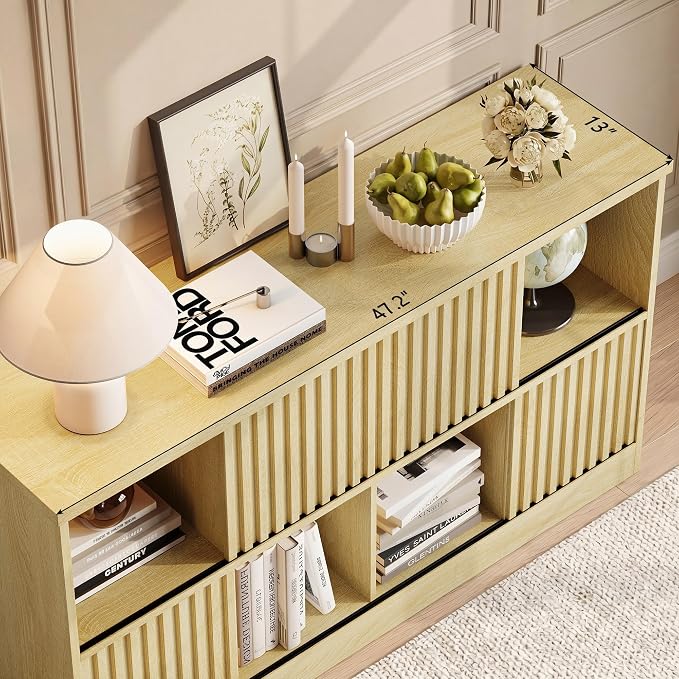 Einhomn 8 Cube Storage Organizer with Sliding Doors, Modern Fluted Bookshelf with Storage Cabinet, Wooden Bookcase with 4 Open Shelves for Living Room, Home Office, Bedroom, Natural