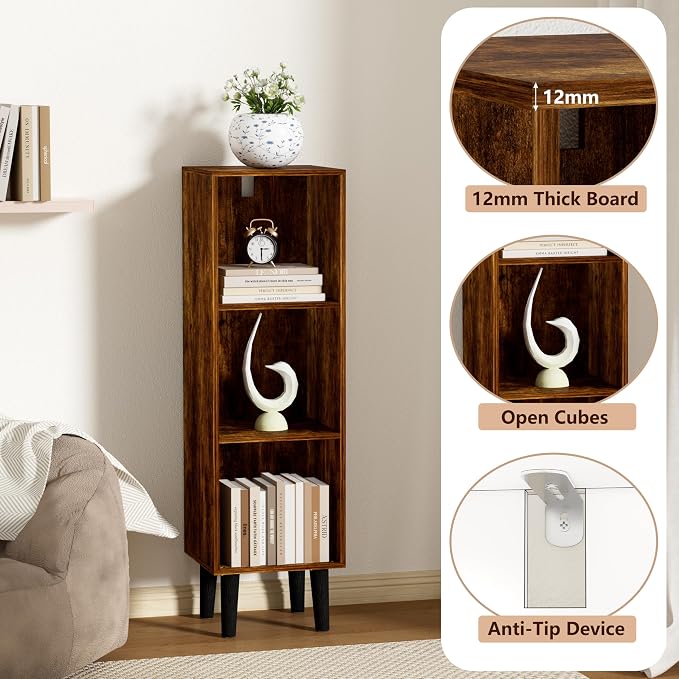 3 Cube Bookcase, Wooden Book Shelf Cube Storage Organizer with Legs, 3 Tier Bookshelf Freestanding Open Shelves for Bedroom, Living Room, Home Office (Brown, 3 Cube)