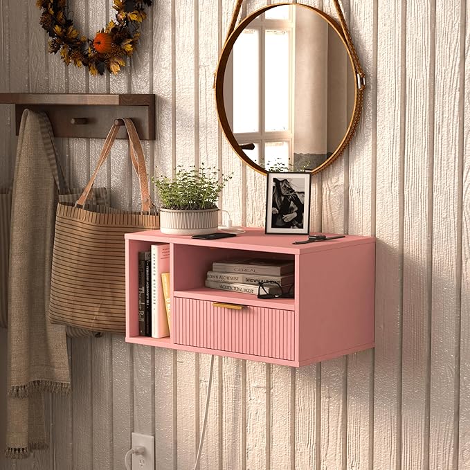 Pink Floating Nightstand with Charging Station and LED Lights,Pink