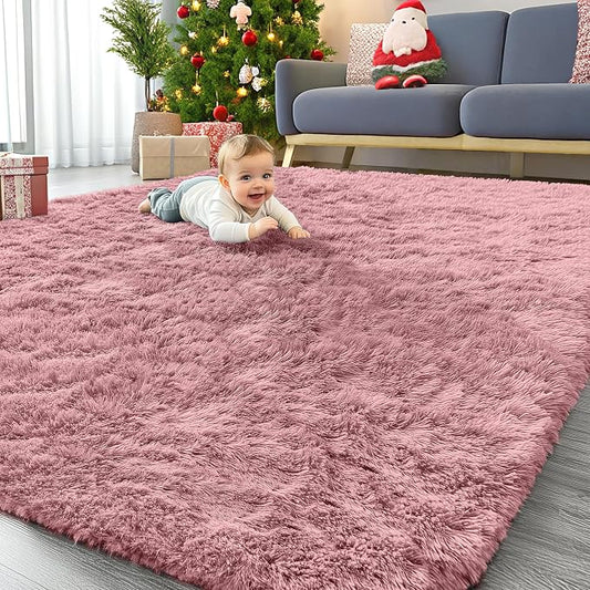 OLANLY 8x10 Machine Washable Large Area Rugs for Living Room, Bedroom, Soft Fluffy Shaggy Bedside Rug, Indoor Floor Carpet for Kids Girls and Boys, Dorms, Nursery, Home Decor Aesthetic, Pale Pink