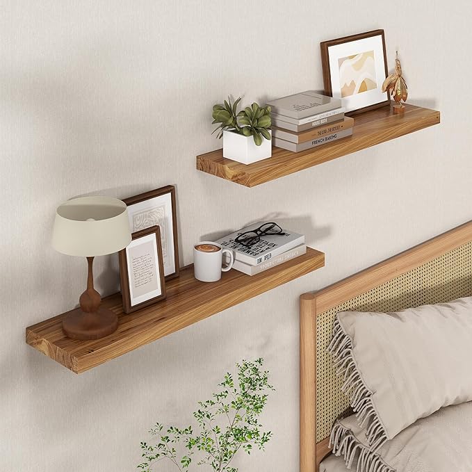 Axeman Floating Shelves for Wall, 24''W x 8'' D Rustic Solid Elm Wood Shelves for Storage, Wall Mounted Display Shelving with Invisible Heavy-Duty Metal Bracket (Natural, 2PCs)