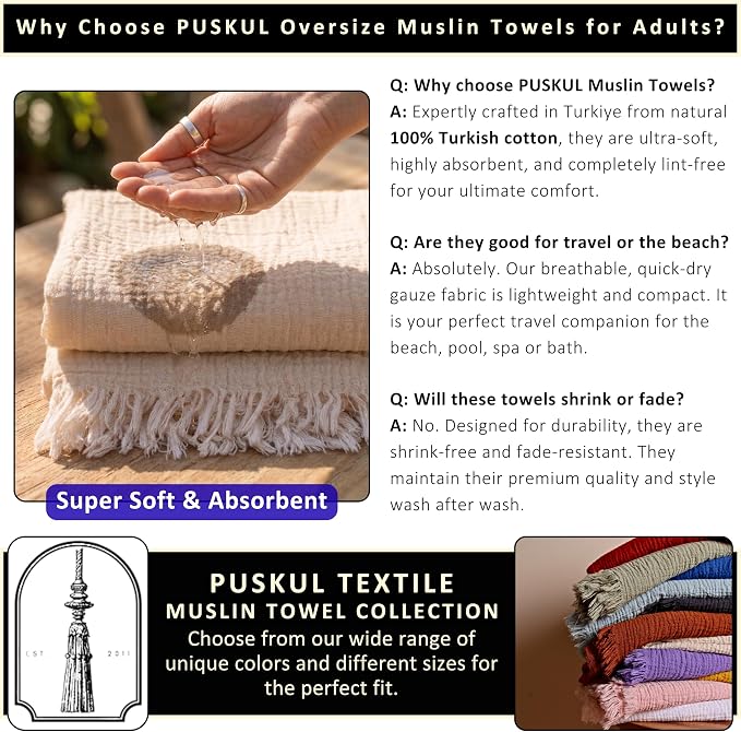 PÜSKÜL - Premium 2-Piece Oversized Muslin Bath Towel for Adult 35x70 Extra Large Bath Sheets | Natural 100% Turkish Cotton Soft Absorbent Quick-Dry Thin Spa & Beach Towels (Pack of 2, Light Pink)
