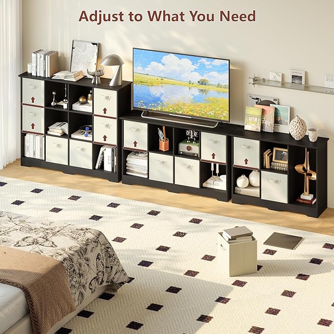VORONOI 12 Cube Storage Organizer with 6 Fabric Drawers and Removable Shelves — Modular Cube Bookshelf for Bedroom, Living Room, or Home Office, Short Cube Bookcase for Toys, Decor, Black