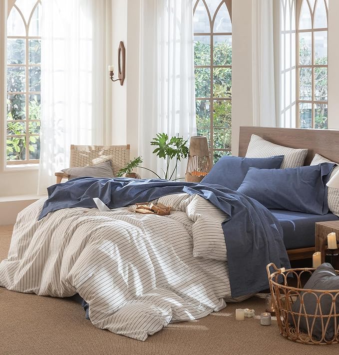 MooMee Bedding Sheet Set 100% Washed Cotton Linen Like Textured Breathable Durable Soft Comfy (Heathered Blue, King)