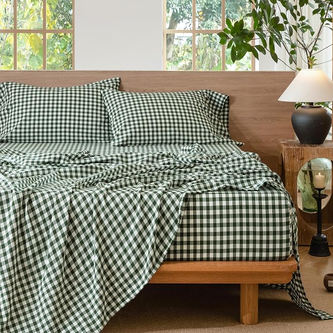 MooMee Gingham Sheet Set 100% Washed Cotton Linen Like Textured Breathable Soft w/Fully Elasticized 16-19" Deep Pocket (Classic Gingham Forest Green, Queen)