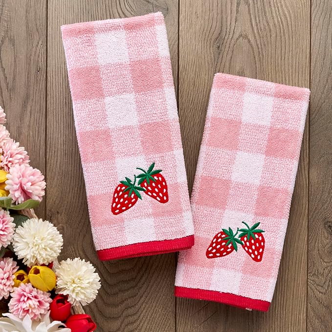 SKL Home Buffalo Plaid Strawberry 100% Cotton Jacquard 2pc Hand Towel Set, Embroidered & Decorative for Bath/Kitchen/Bar & Gift, Pink