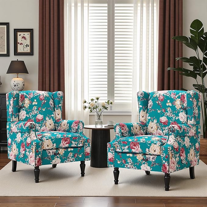 Wingback Chairs Set of 2, High Back Floral Accent Chair in Fabric, Comfy Upholstered Armchair with Nailhead Trim for Living Room, Single Sofa Reading Chair for Small Spaces, Bedroom-Peaock Blue