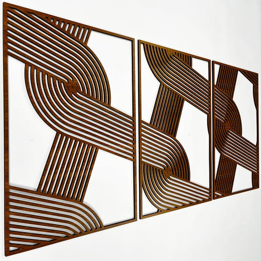 Abstract Wood Wall Art Set of 3, Geometric Overlapping Stripe Pattern, Large Mid Century Modern Wooden Panels, Minimalist Home Decor Gift