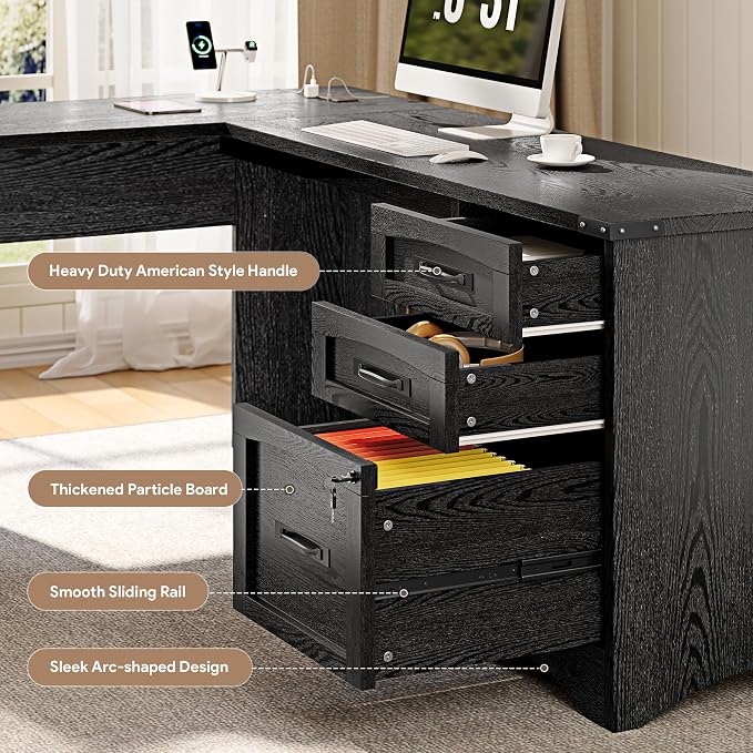 Decofy L Shaped Farmhouse Executive Desk with Drawers, 67" Home Office Desks with Fast Charging Station, Lockable File Cabinet, Wood Writing Computer Desk for Work, Study, Black