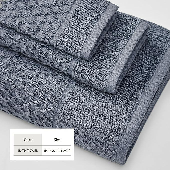 Great Bay Home Bath Towels - 100% Cotton 4 Pack 54x27 Bath Towel Set - Absorbent, Durable, Quick-Dry Towels for Bathroom (Blue)