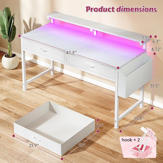 DurayLoly 47.3 Inch Computer Desk with 2 Drawers & LED Lights, Home Office Desk with Side Pocket, Gaming Desk with Monitor Stand, Study Writing Table for Small Spaces, White