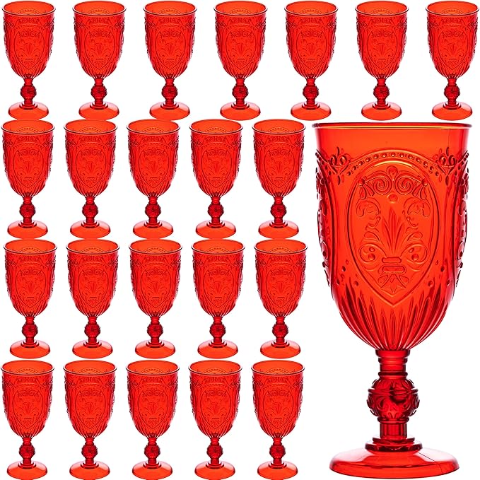 JLYLOL Plastic Wine Glasses 24Pcs Plastic Goblets 7.5oz Colored Retro Embossed Glassware Vintage Stemmed Drinking Cup Reusable Water Goblets for Wedding Reception Grand Event Party Bar,Whiskey (Red)