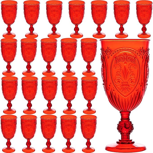 JLYLOL Plastic Wine Glasses 24Pcs Plastic Goblets 7.5oz Colored Retro Embossed Glassware Vintage Stemmed Drinking Cup Reusable Water Goblets for Wedding Reception Grand Event Party Bar,Whiskey (Red)