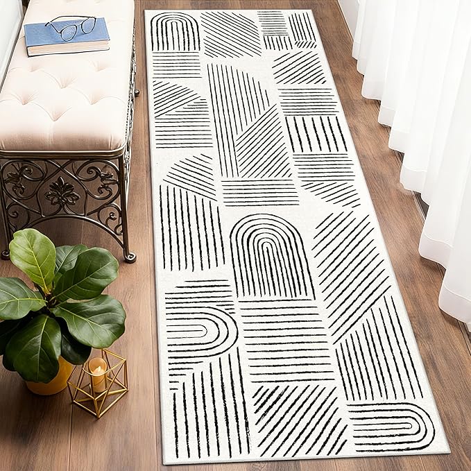 MUJOO 2x6 Runner Rug Washable,Mid Century Modern Abstract Non Slip Low Pile Runner Rug,White and Black Rug for Hallway Kitchen Entryway