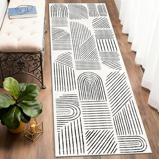 MUJOO 2x6 Runner Rug Washable,Mid Century Modern Abstract Non Slip Low Pile Runner Rug,White and Black Rug for Hallway Kitchen Entryway