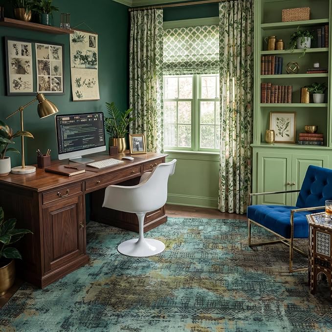 Kokia Abstract Area Rugs Living Room Washable Dark Green Low Pile 6x9 Non-Slip Indoor Decor Carpet Foldable Stain Resistant Ombre Rugs Bedroom Dining Room, Oslo Moss