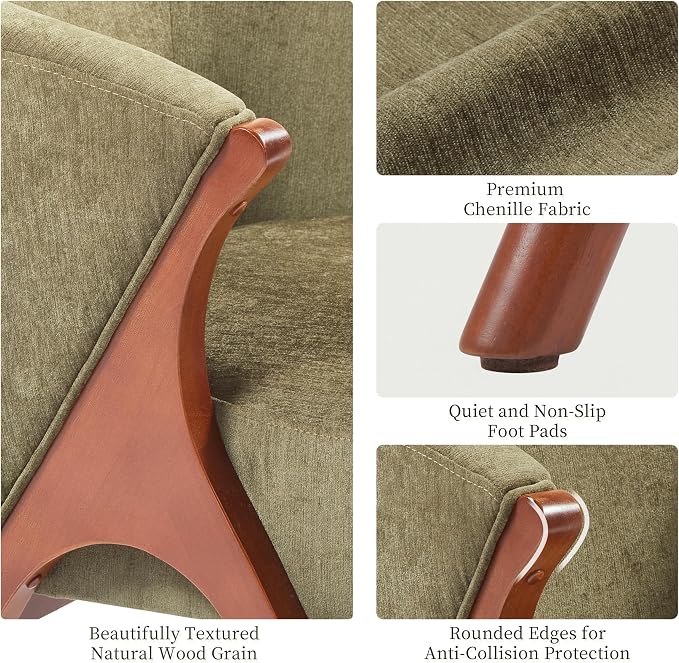 Merax Mid-Century Modern Accent Chair with Solid Wood A-Frame & Wrap-Around Backrest, High-Density Foam Cushion & Rounded Edges for Living Room, Reading Nook, Lounge Area (Green+Walnut)