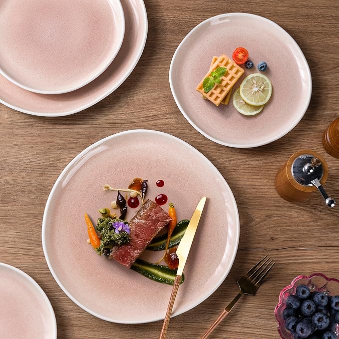 AmorArc Ceramic Dinnerware Sets,Handmade Reactive Glaze Stoneware Plates and Bowls Sets,Highly Scratch Resistant | Dishwasher & Microwave Safe Dishes Set,Service for 8 (24pc)-Pink