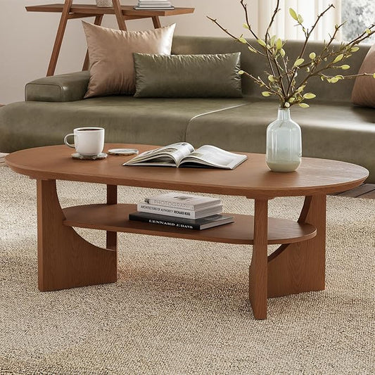 Mid Century Modern Coffee Table, 47" Oval Wood Coffee Tables for Living Room, 2 Tier Curved Round Center Table with Storage Shelf & Sturdy Base, Minimalist Retro Tea Tables, Cherry