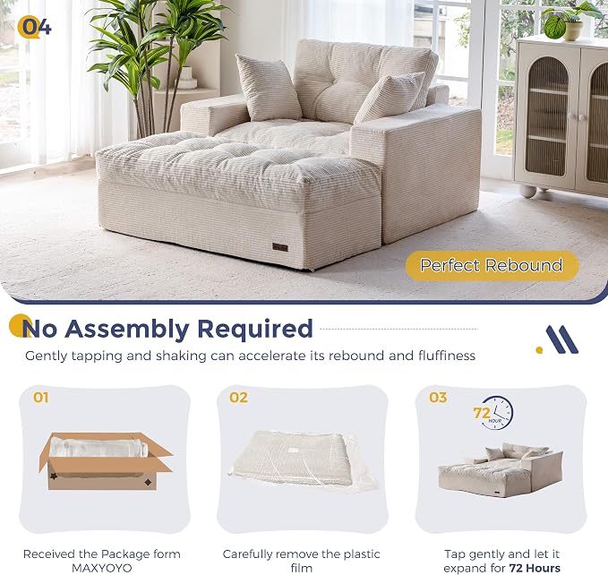 MAXYOYO Oversized Chaise Lounge Sofa, Upholstered Lounge Chair with 3 Pillows, Tufted Boneless Sofa Couch with Ottoman, Deep Seat Sofa Chair for Living Room, Bedroom, No Assembly, Beige