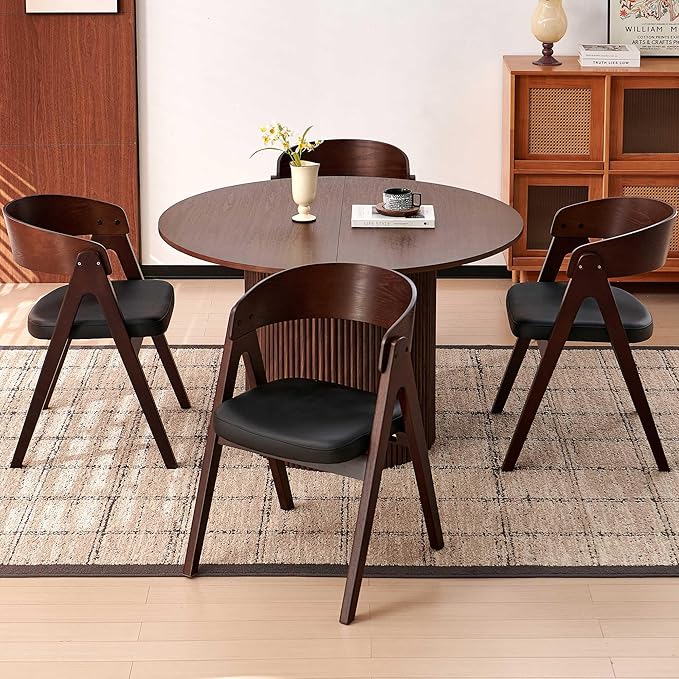 Howtek 47″ Round Dining Table Set for 4-6 People, 5 Piece Modern Kitchen Table with Natural Walnut Wood Grain Finish & 4 PU Leather Upholstered Dining Chairs（Curved Backrest & Solid Wood Legs ）