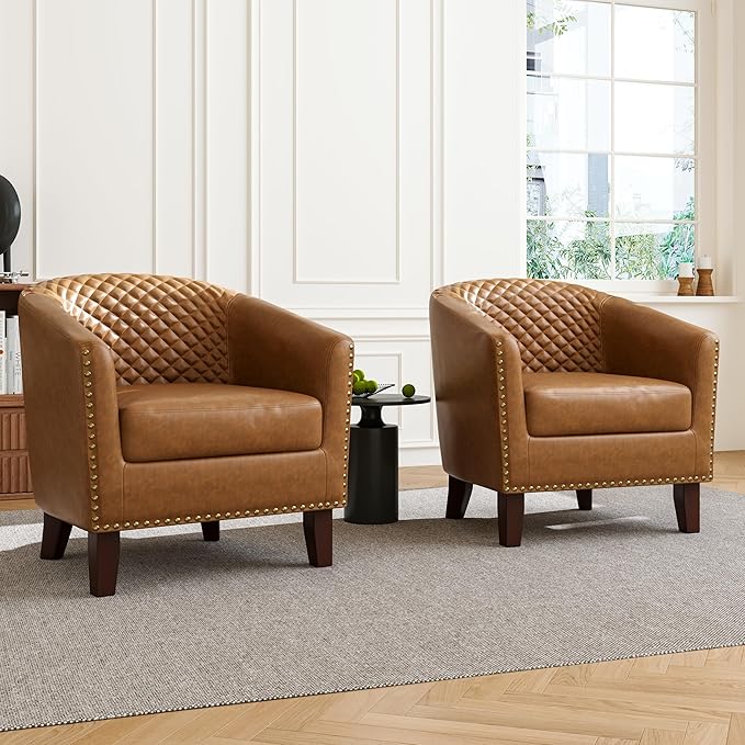 Accent Barrel Chair, Upholstered Faux Leather Club Chair with Nailed Trim, Comfy Reading Armchair for Living Room Bedroom Reception Room Office (Coffee, Set of 4)