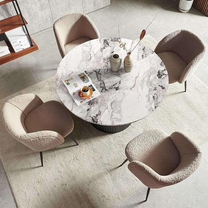 47" Round Wooden Kitchen Dining Table Set for 4, Industrial Breakfast Nook Table Set with Brown Sherpa Barrel Dining Accent Side Chairs for Dining Hall, Two-Part Tabletop, White Marble Look